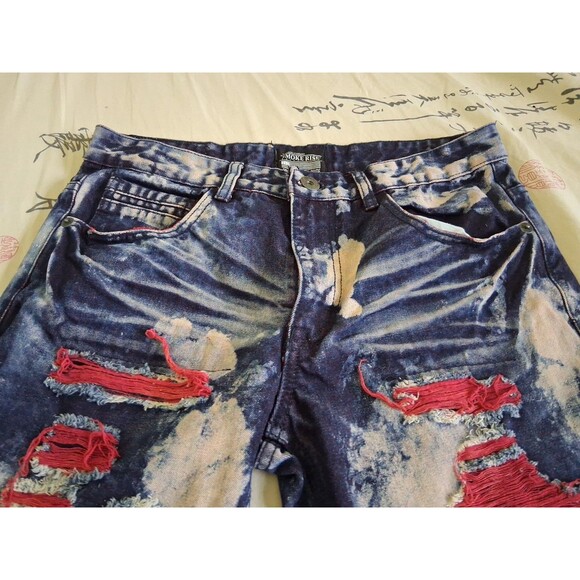 Smoke Rise Jeans Mens 34x32 Blue Denim Distressed Graphic Streetwear Punk - Picture 2 of 8